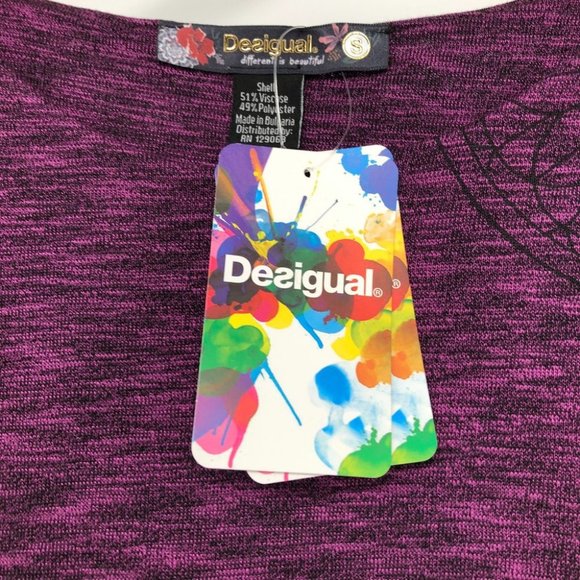Desigual NWT Purple Heathered Regina graphic tulip hem 3/4 sleeve shirt SP - Picture 10 of 16